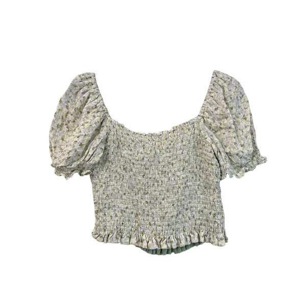 Sun Deh Green Floral Puff Sleeve Smocked Waist Cropped Blouse Womens Small - Picture 4 of 6